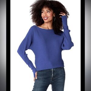 Bobi Black royal blue off shoulder directional rib sweater size small